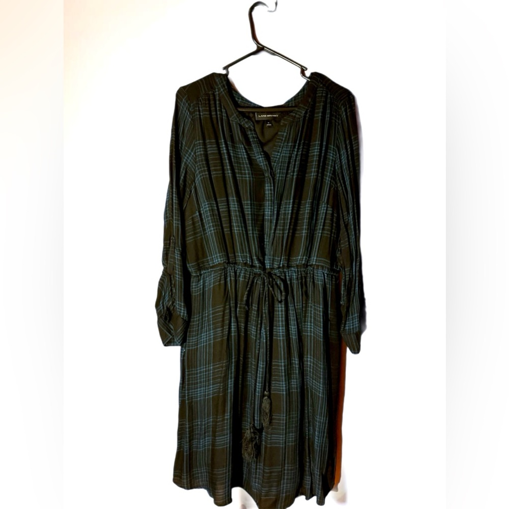 Lane Bryant Blue/Black Plaid Dress Cinched Waist Long Sleeve w/ Pockets, 18